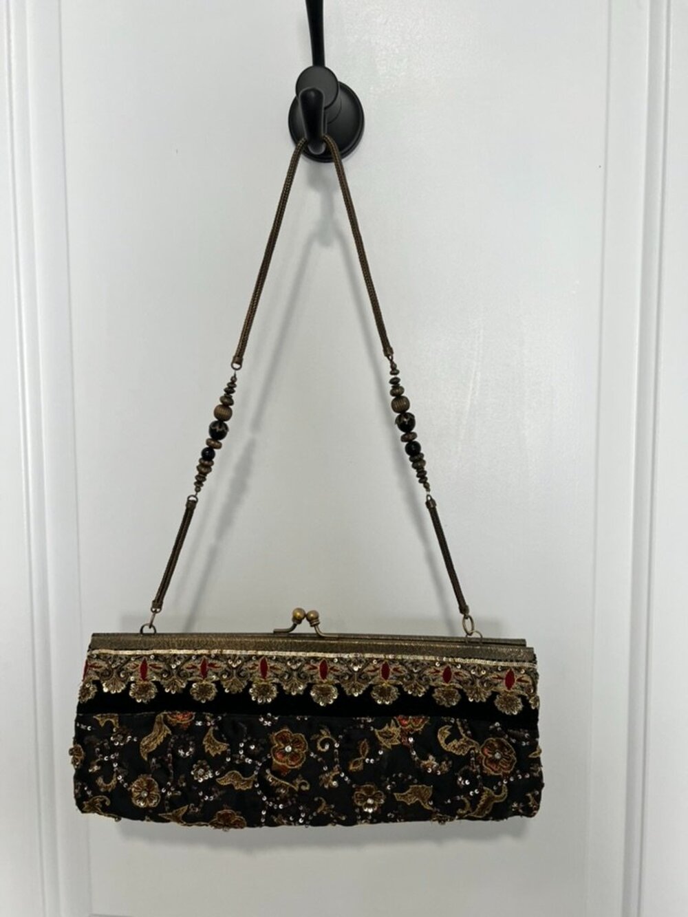 Vintage Black Velvet Beaded Evening Bag Ornate Kiss Lock Purse Shoulder Bag